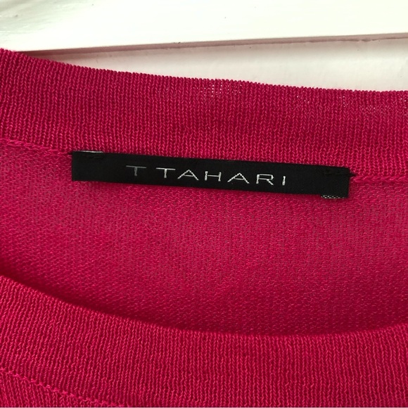 T Tahari hot pink knit Crewneck cap short sleeve knot on bottom S - Picture 5 of 9